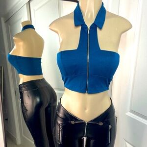 Blue turquoise Zipper Halter Top S